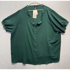 Bloomchic Womens Plus Size Button-Up Blouse Eyelet & Lace Trim Green Size 32